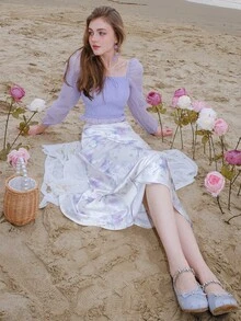 女士纯色简约方领泡泡袖夏季衬衫 - 紫色 - 查看 4