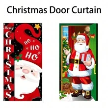1 件圣诞装饰窗帘，圣诞派对摄影背景横幅，圣诞快乐横幅，圣诞老人元素派对装饰，圣诞派对悬挂横幅，圣诞节节日装饰派对用品 - 彩色 - 查看 2