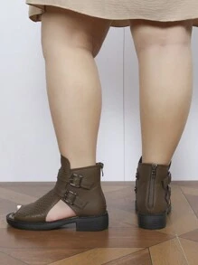 Plus Size Women's New Fashion Hollow Perforated Thick Sole Ankle Boots With Zipper In White, Brown, Black, Dark Green, Light Blue, Open Toe And Short Boots - Mocha Brown - View 6