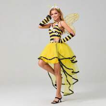 Women's Halloween Cosplay Bee Costume, Bee Queen Halloween Party Cosplay Dress, Wings, Headband, And Arm Sleeve Fancy Costume - Yellow - View 6