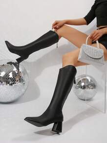 女士新款秋冬时尚皮革过膝靴，尖头粗跟，黑色米色，后拉链保暖衬里，适合搭配连衣裙、羽绒大衣、派对庆祝优雅切尔西靴 - 黑色 - 查看 3