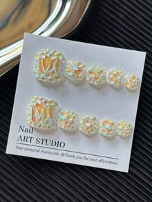 10pcs/Pack Rhinestone Studded Square Toe Nail Stickers, Handmade With Colorful Transparent Rhinestones And Glitter Design, Reusable Sparkling Nail Art Decals For Women - White - View 2