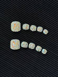 10pcs/Pack Rhinestone Studded Square Toe Nail Stickers, Handmade With Colorful Transparent Rhinestones And Glitter Design, Reusable Sparkling Nail Art Decals For Women - White - View 4
