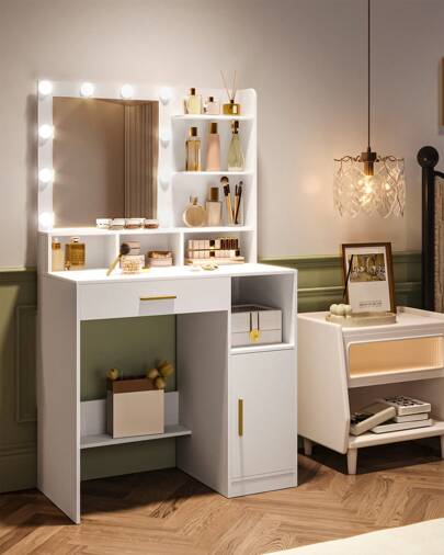 Hzuaneri Dressing Table With Mirror And 10 LED Lights, Makeup Vanity With 3 Shelves & 4 Open Compartments, Large Drawer & Cabinet, Adjustable Lighting Brightness, No Stool