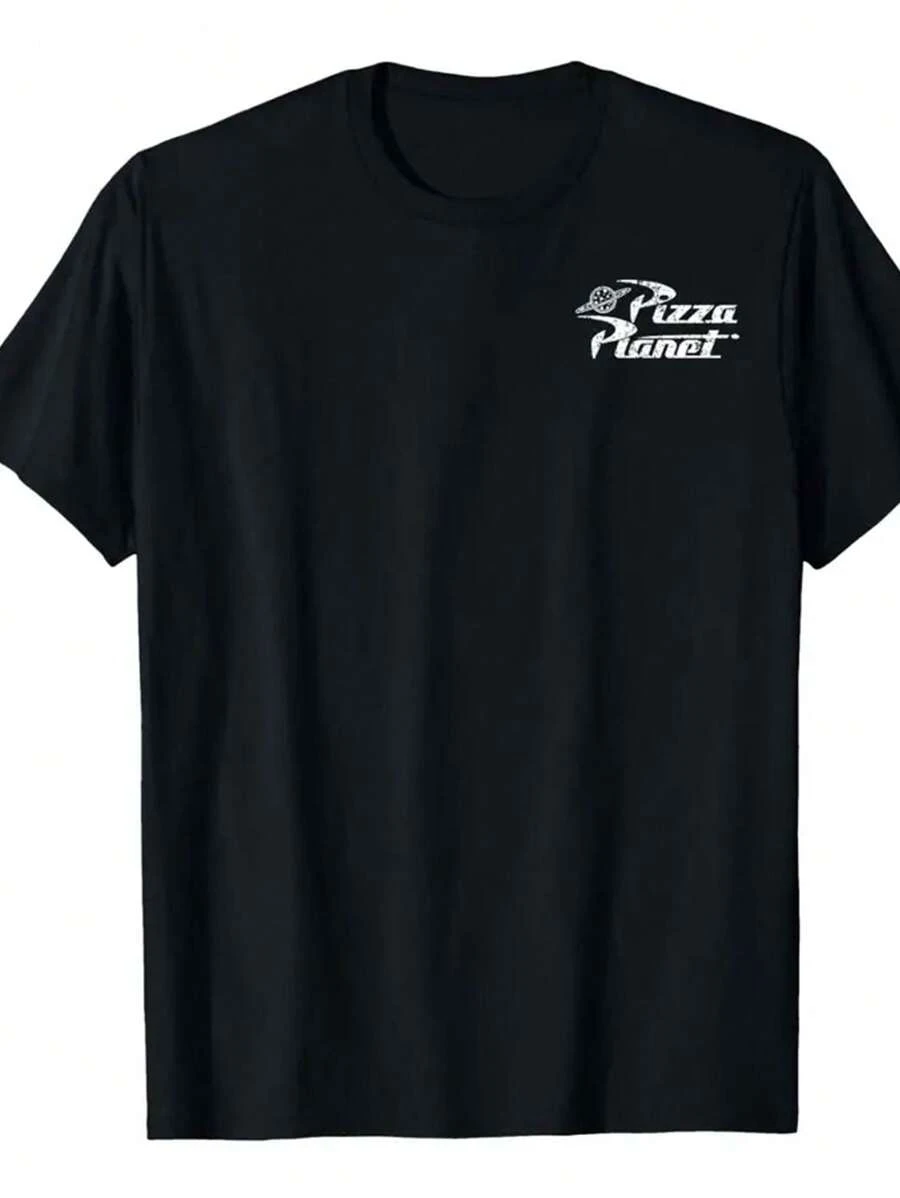Pizza Planet Logo Pattern T-Shirt - For Cartoon And Vintage Lovers, Men's Black Cotton 220g