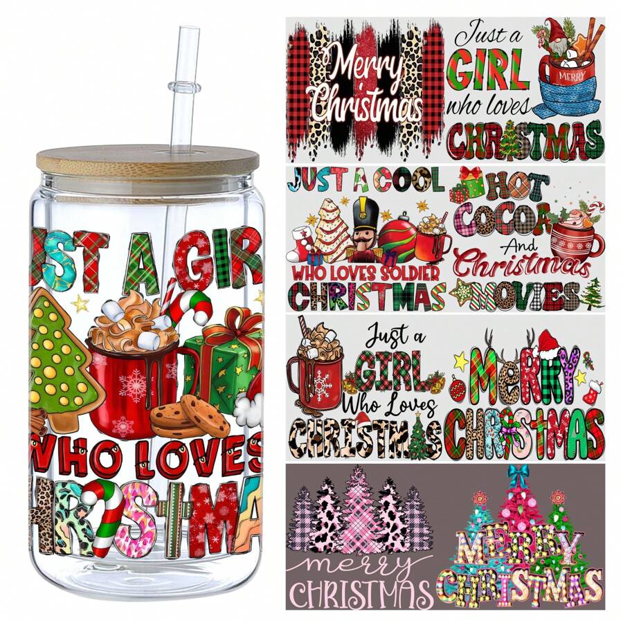 5 Sheets Christmas UV DTF Cup Stickers, Glass Sports DTF Transfer Stickers,Flowers Waterproof Friction Transfer Paper For 16 Oz Glass, Mugs, Crafts, Furniture - 樣式4-5表 - 查看 1