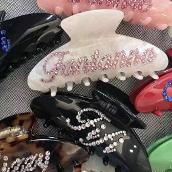 Customized Handmade Crystal Studded Double-Sided Letter Acetate Hair Clip, Custom Name Anniversary Premium Rhinestone Hair Claw Wedding Favors, Wedding Hair Accessories, Spring Summer Bright Colors,Durable,Colorful,Cute,Adorable,Funny,Kawaii,Y2K,Stylish,Unisex,Casual,Custom,Personalized,Unique,Customized,Ideal Gifts For Him,Ideal Gifts For Her,Her,Boyfriend,Girlfriend,Family,Friends