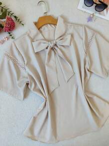 Women's Formal Blouse Short Sleeve With Bow Plus Size Crepe Fabric - 米色 - 查看 3