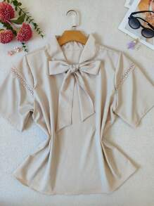Women's Formal Blouse Short Sleeve With Bow Plus Size Crepe Fabric - 米色 - 查看 1