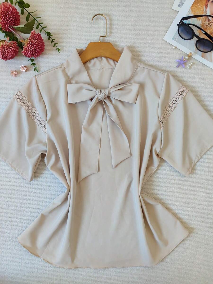 Women's Formal Blouse Short Sleeve With Bow Plus Size Crepe Fabric - 米色 - 查看 1