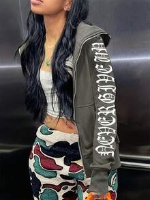 Inwoman 纯色时尚宽松街头休闲泡沫字母印花拉链长袖连帽衫女 - 灰色 - 查看 4