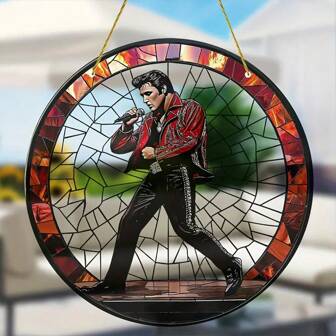 复古摇滚风格亚克力太阳捕手装饰 8 英寸 - 音乐主题圆形彩色玻璃艺术装饰、舞会活动挂饰、送给音乐爱好者的独特礼物、适合客厅和办公室、新年节日装饰，采用预钻防水设计