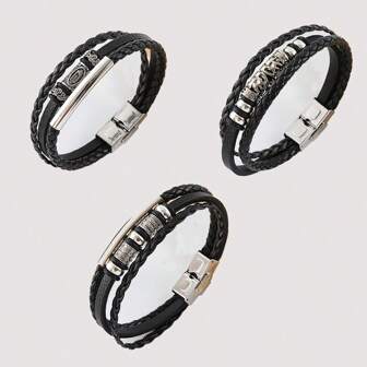 3 件装全新设计男士创意编织皮绳手链，不锈钢扣复古几何串珠皮革手链，手工多层编织绳手链，简约男女款编织皮革手链