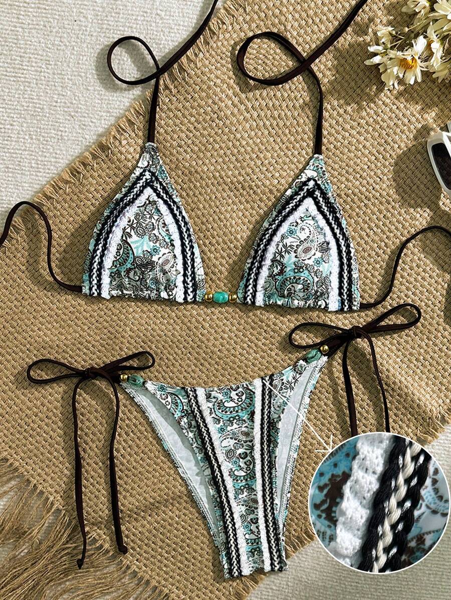 Bikinx Set di bikini con coppa triangolare in pizzo, pannelli e stampa paisley, scollo a V, per l'estate - Multicolore - Visualizzare 1