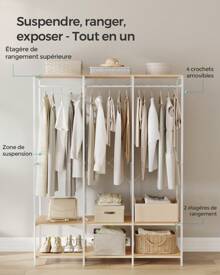 SONGMICS Armoire Vêtements Portable, Penderie Métal Pliable, Étagères de Rangement avec Tringle, Crochet Amovible, 40 x 141 x 180 cm, Beige naturel - Blanc - Voir 3