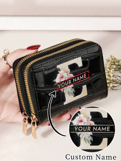 Cartera de embrague con cremallera, personalizada con firma de nombre, estampado de cocodrilo y floral, con múltiples ranuras para tarjetas, regalo para parejas, Día de la Madre, cumpleaños, San Valentín