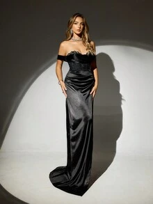 Solid Color Lace Panel Mesh Contrast Puff Sleeve Wire Bra Dress, Fitted Slit Dress For Women, Party Dress Gown