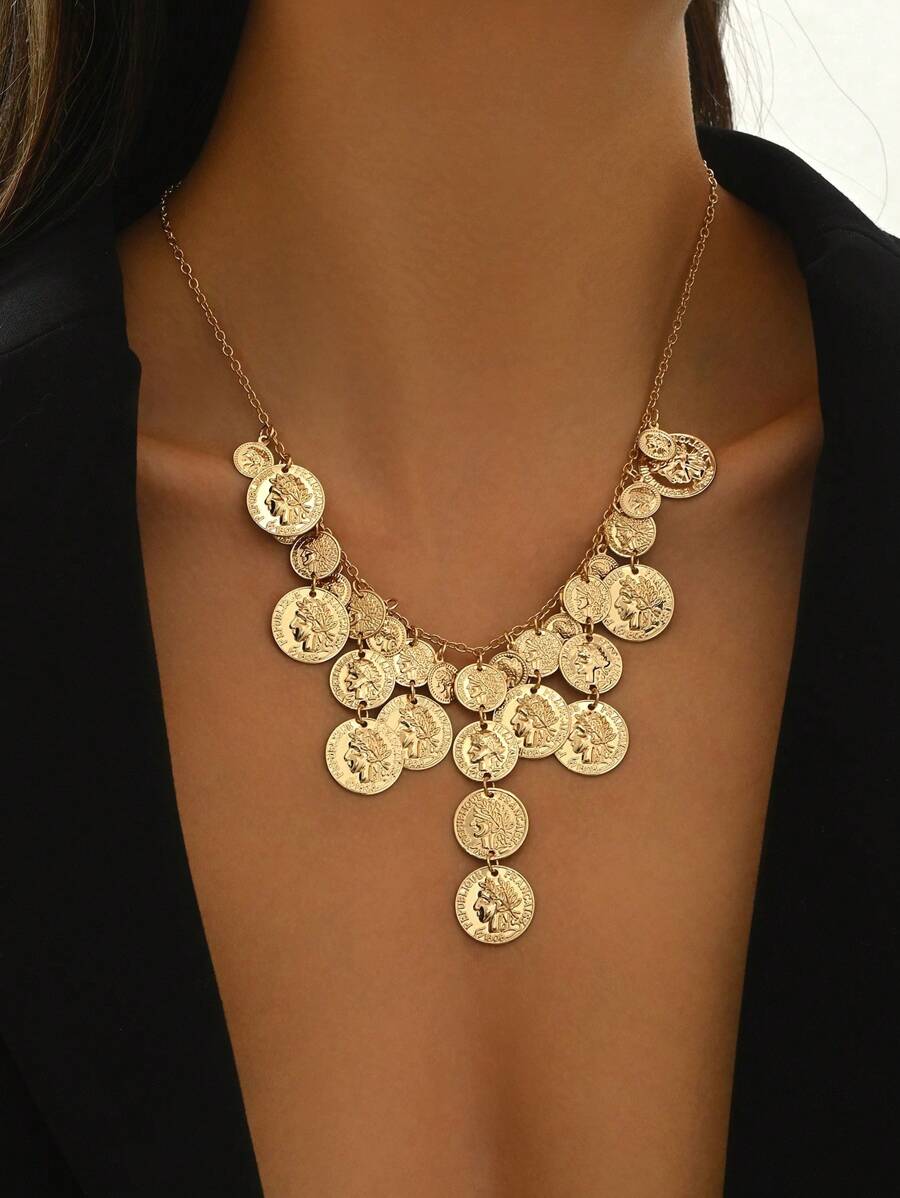 1 件新款设计女士吊坠项链，创意流苏硬币吊坠，夸张朋克摇滚金属颈链，适合日常佩戴，珠宝礼物 - 金黃色 - 查看 1