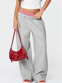 Women Y2k Wide Leg Baggy Sweatpants Elastic Waist Low Rise Joggers Plaid Patchwork Workout Running Going Out Pants With Pockets Casual Athletic Trousers For Sports Hip-Hop Track Pants Vintage Streetwear - Xám - Xem 3