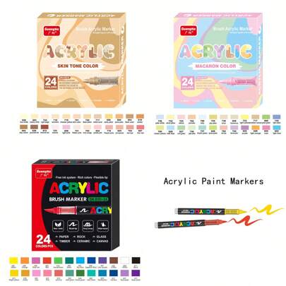 24 Colors Acrylic Paint Pens, Soft Brush Tip Acrylic Paint Markers,Quick-Drying Waterproof Acrylic Markers For Canvas, Rock Painting, Wood, Stone, Glass, Ceramic, Fabric Painting, DIY Crafts Back To School