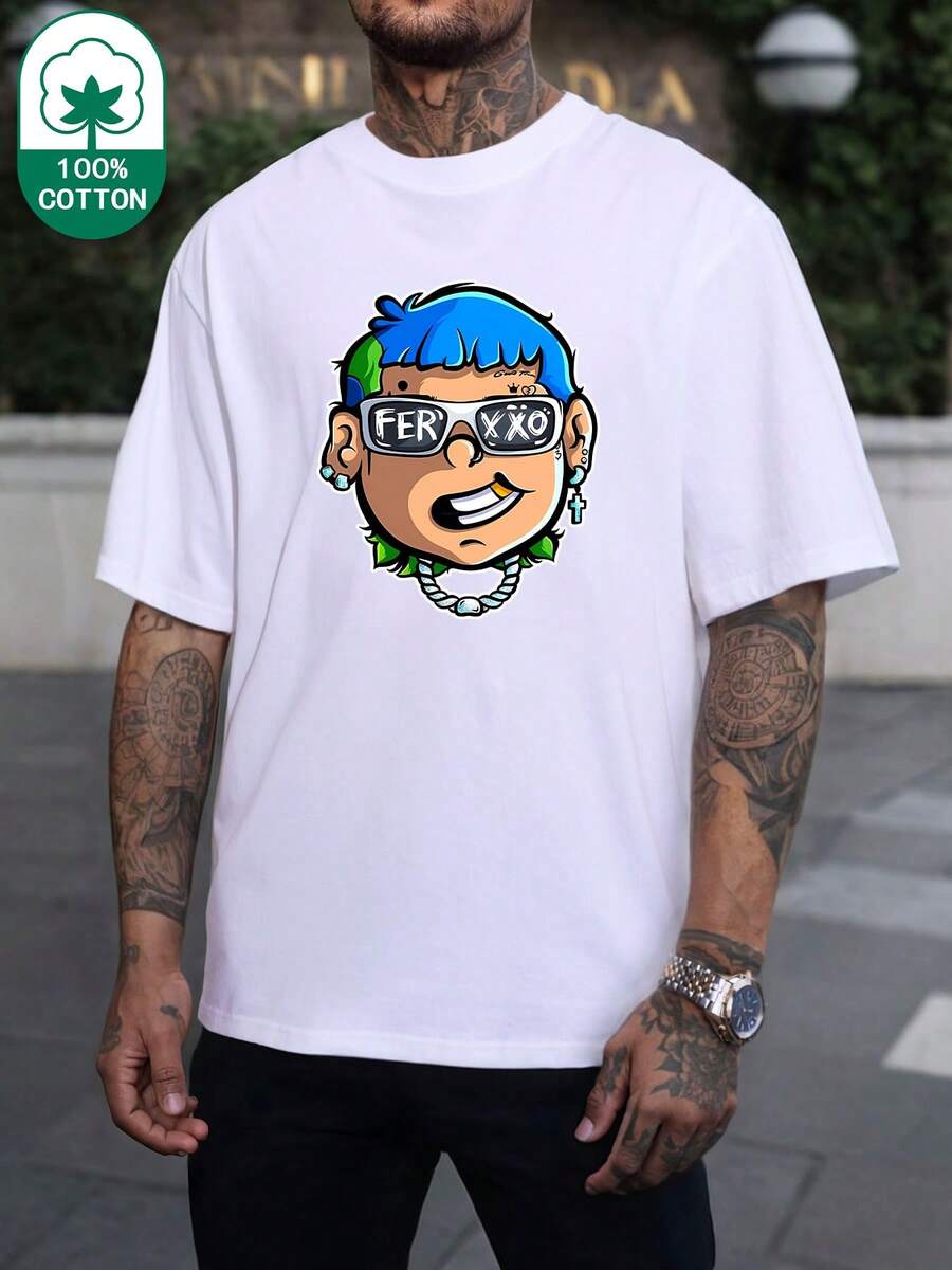 (220g Pure Cotton T-Shirt) Cool Fashion Big Head Cartoon Pattern Printed Men's Summer Round Neck Thick Short Sleeved T-Shirt Casual Pure Cotton - trắng - Xem 1