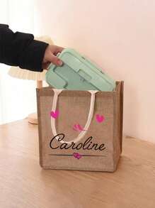 1pc Customized Name And Printed With A Heart-Shaped Pattern Linen Tote Bag,Shopping Bag Handbag For Women Fashion Burlap Grocery Bag,Portable Tote Bag For Teacher,Ideal For Shopping Handbag, Lunch Bag,It Is A Gift For Women, Mothers, Teachers, Friends, Bridesmaids, Students, Suitable For Dating, Birthday, Festival, Back To School,Vacation, Beach, Travel, Commuting, Business, Students, Picnic, Camping, Supermarket, Daily Storage Bags Ladies - Khaki - View 5