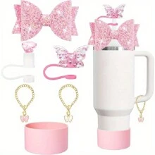 Phụ kiện Charm, Nắp ống hút nơ và đá giả, Cốc 40/30 Oz Phụ kiện có cốc Charm Unlimited, Phụ kiện cốc Charm độc đáo (Màu tím) - Màu tím - Xem 2