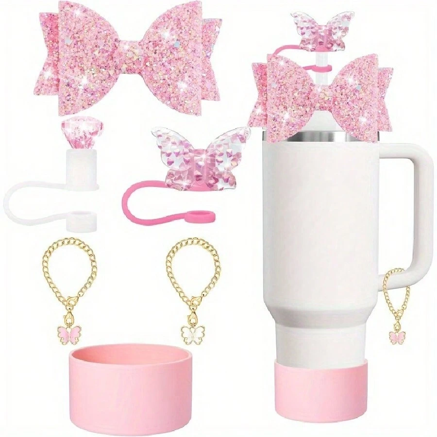 Phụ kiện Charm, Nắp ống hút nơ và đá giả, Cốc 40/30 Oz Phụ kiện có cốc Charm Unlimited, Phụ kiện cốc Charm độc đáo (Màu tím)