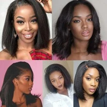 4x4 HD Yaki Straight Bob Wig Human Hair Pre Everything Glueless Lace Front Wig Pre Plucked Hairline Bleached Bye Bye Knots Ready To Go Short Yaki Bob Wig 200% Density - Natural Black - 查看 6