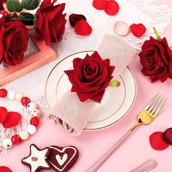 1/2/4pcs Artificial Fabric Rose Napkin Rings, Romantic Dining Table Decor For Valentine's Day, Anniversary, Party, Wedding, Thanksgiving, Birthday