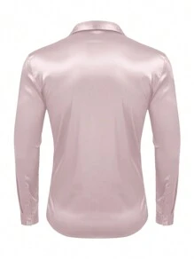 男士休闲纯色长袖衬衫，秋季 - 粉色 - 查看 4