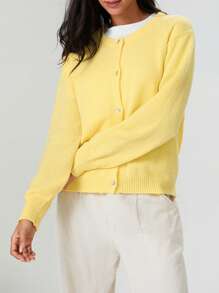 Women Button Up Sweaters Casual Lightweight Solid Color Knit Cardigans Warm Knitwear - Yellow - View 5