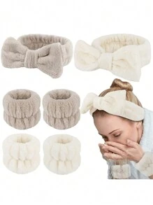 蝴蝶结发带，新款女士发带和腕带，纯色蓬松面部发带，化妆头带和腕带可爱头巾头带吸汗带