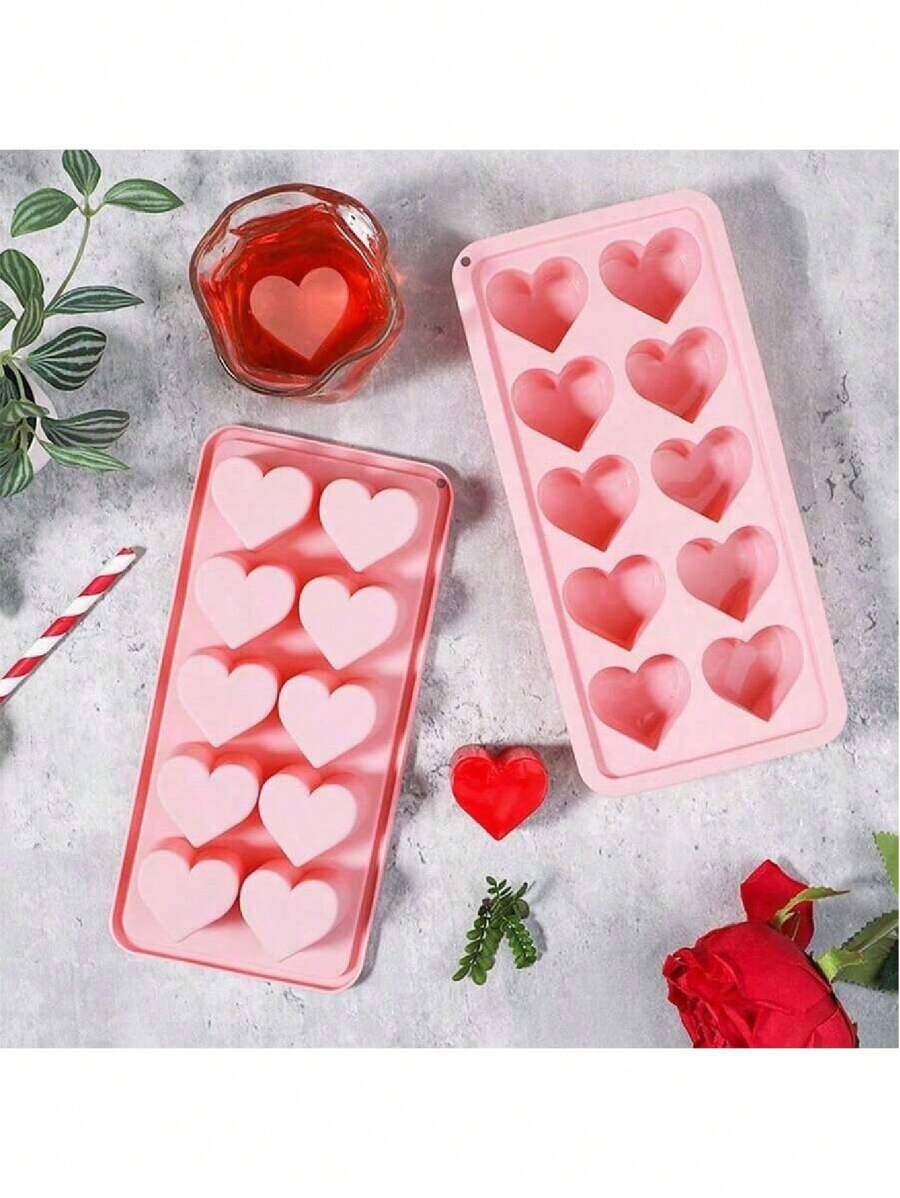 1/2/3pcs Heart/Star Shaped Silicone Tray Mold, 10 Cavity Easy Release Ice Cube Mold, Suitable For Home, Bar, KTV, Pink Or Red, Heart Shaped Ice Cube Maker Mold, Makes 10 Ice Cubes At A Time, Summer, Summer Set - Multicolor - View 1