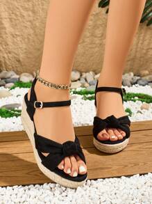 Women's Denim Wedge Sandals, Thick-Soled High Heels, -Rope Casual Espadrille Loafers - Black - View 1