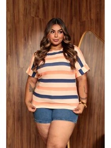 Women's Short Sleeve Striped Round Neck Blouse - BICOLOR BLUE - View 3