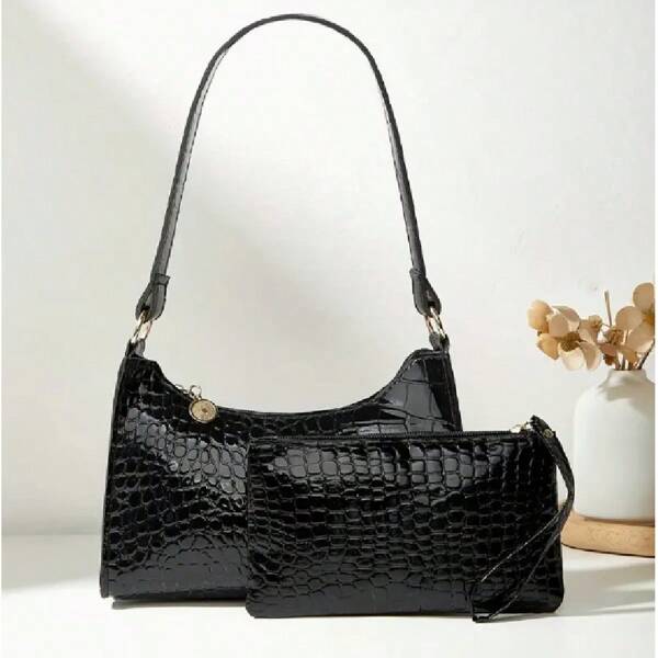 Nova bolsa de ombro com textura de pele de crocodilo e bolsa de mão com bolsa de mão, conjunto de 2 peças, bolsa de lua com design de nicho, bolsa para celular