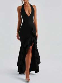 WOWDARK Summer Dress, Black Elegant V-Neck Ruffle Hem Halter Dress For Women, Suitable For Valentine's Day, Dates, Gatherings, Parties, Travel, Vacation, Beach - Black - View 6