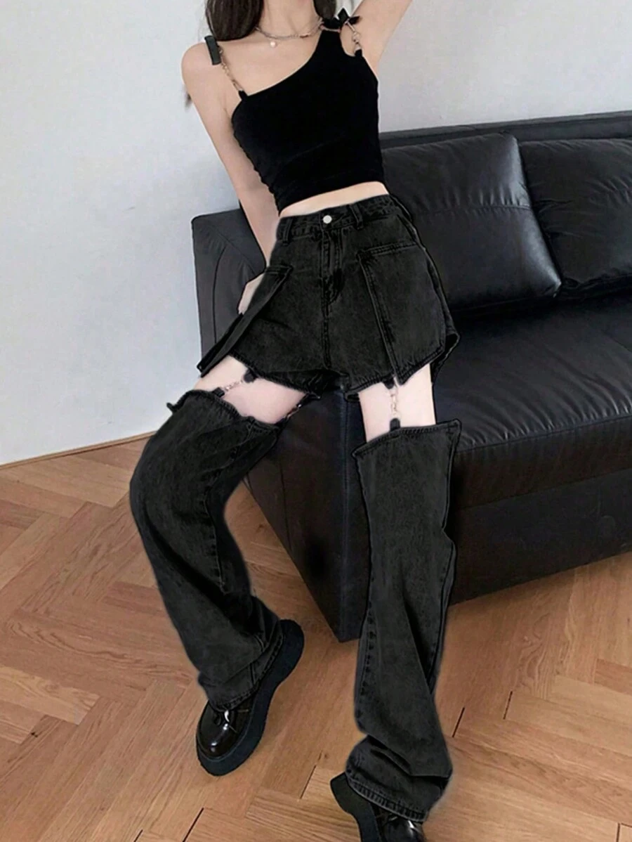 女式休闲街头风格前拉链拼接牛仔长裤 - 灰色 - 查看 1