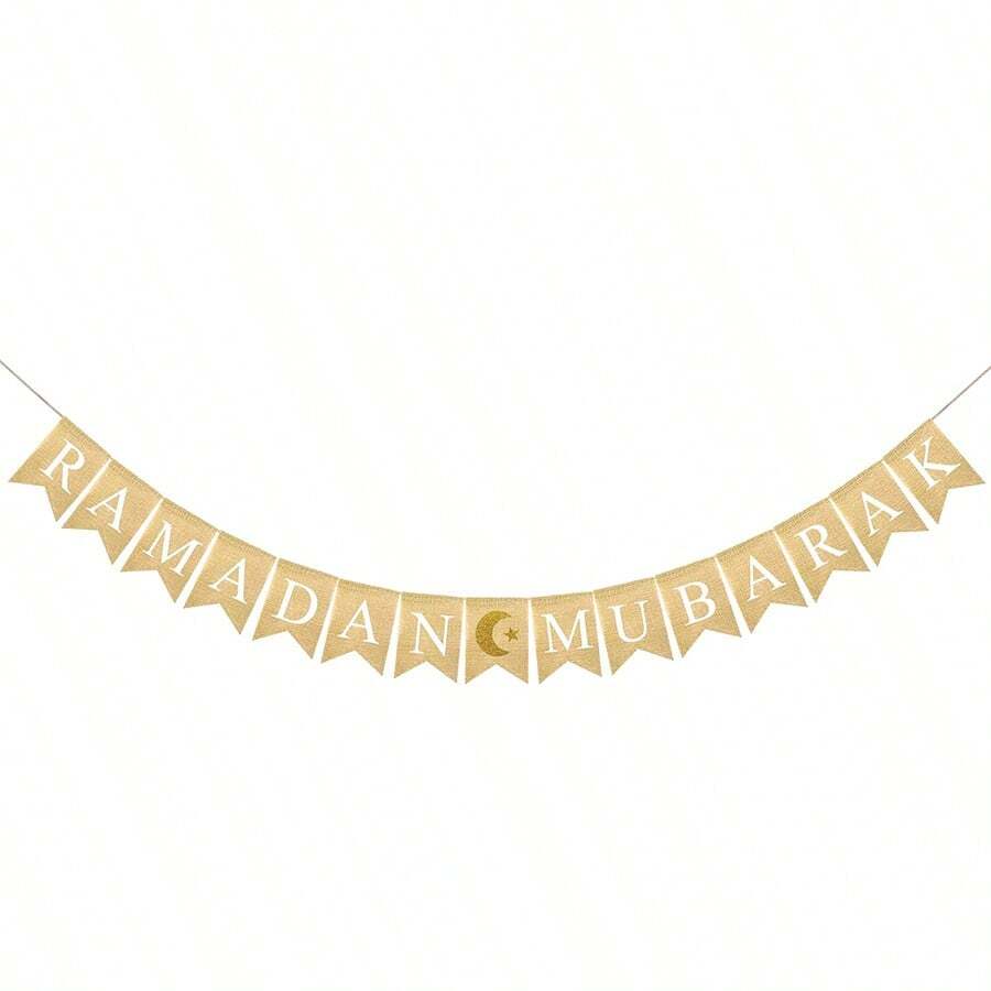 1 Stück Ramadan Mubarak Jutefahne Dekoration, Ramadan horizontale Fahne mit Mond und Sternen, für Eid Al-Fitr Islamisches Feiertag Feiern, Kamin Dekoration