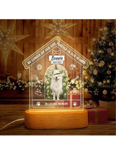 1pc Personalized Pet Memorial Night Light Custom Pet Photo Frame Custom Dog Or Cat Photo Lamp With Name And Text Acrylic LED Plaque With Wooden Base Custom Pet Loss Gift Remembrance Gift In Memory Of Dog Or Cat Sympathy Gift For Pet Owners
