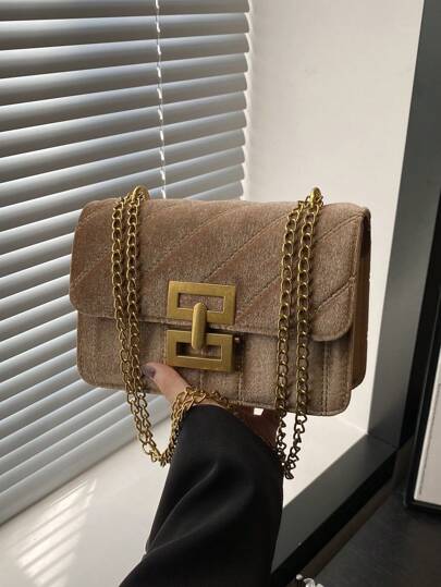 Vintage Textured Velvet Square Shoulder Bag, Solid Color Elegant Chain Bag, Women's Classic Handbag Wallet