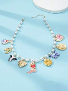 1 件仿珍珠串珠项链，女式吊饰项链，西部牛头蝴蝶牛仔帽心形吊饰项链珠宝，女式个性项链夏季珍珠珠宝