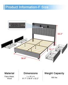Full Size Bed Frame, Velvet Upholstered LED Platform Bed With Headboard Storage, Bed Frame Full Built-In Charging Station With 4 Drawers, Wood Slat Support, No Box Spring Needed, Grey - Grey - View 2