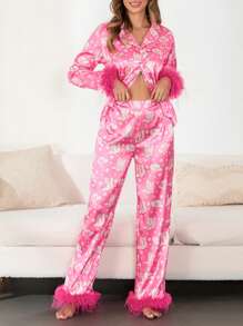 Women Christmas Pajamas Lounge Set Santa/Christmas Tree/Boots Print Shirts Tops And Pants 2 Piece Loungewear Outfits - Hot Pink - View 6