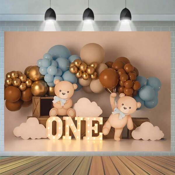 Teddy Bear & Golden Balloon Birthday Party Background For 1st Birthday Celebration, Gift Ceremony - Photography Backdrop With Clouds And Illuminated "ONE" Sign, No Electricity Needed