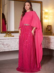 Elegant Women's Gem Collar Chiffon Sequin Maxi Dress With Rhinestone Waist Belt - Hot Pink - View 8