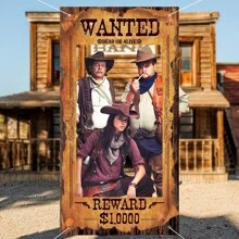 1pc Western Cowboy Bounty Poster Vintage Backdrop, Holiday, Birthday, Party, Bathroom Gift Occasion Decor Hollow Photo Frame Hanging Cloth Photography Prop