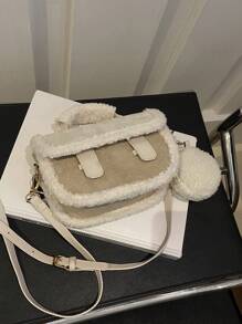 Autumn/Winter Niche Suede Handbag, Women's Fashionable Simple Colorblock Shoulder Bag, Casual Tote Bag With Mini Round Bag For Commuting, Dating, Work - Beige - View 9