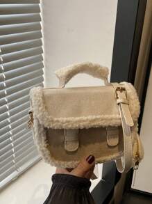 Autumn/Winter Niche Suede Handbag, Women's Fashionable Simple Colorblock Shoulder Bag, Casual Tote Bag With Mini Round Bag For Commuting, Dating, Work - Beige - View 3